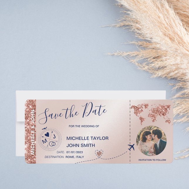 Foto Save the Date Boarding Pass Weltkarte Einladung (Von Creator hochgeladen)