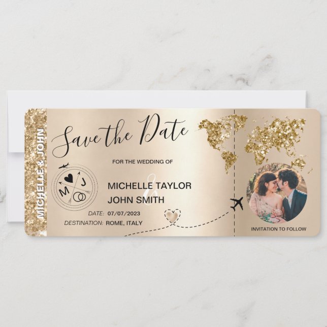 Foto Save the Date Boarding Pass Weltkarte Einladung (Vorderseite)