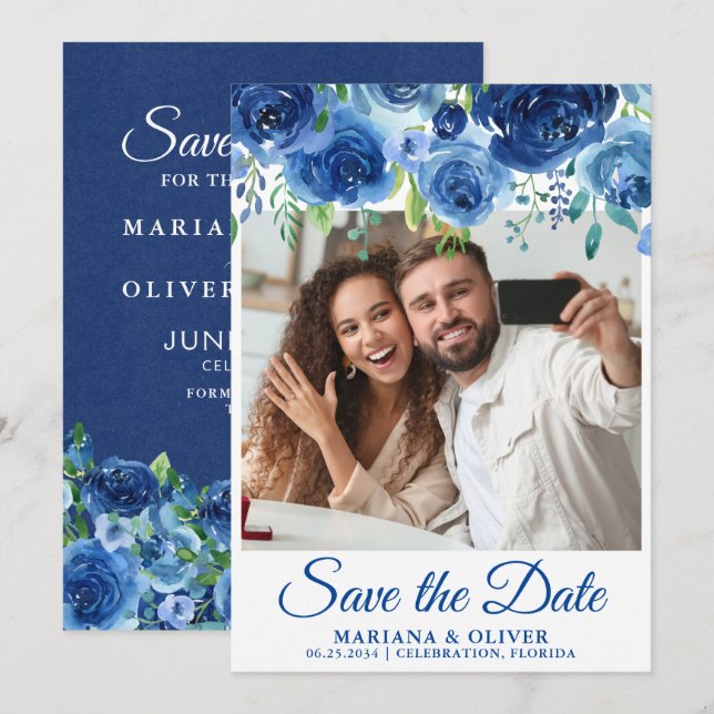 Foto Save the Date Card Navy Blue Floral Einladung (Vorne/Hinten)