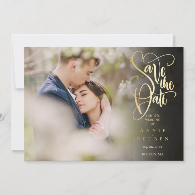 Foto Save the Date Elegante Gold Script Moderne Einladung (Vorderseite)