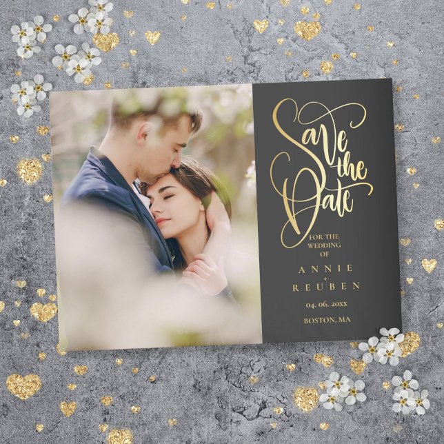Foto Save the Date Elegantes Gold Script Ankündigungspostkarte (Photo Save the Date Elegant Gold Script Announcement Postcard)