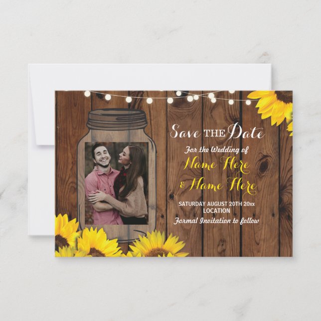 Foto Save the Date Jar Wood Sunflowers Einladung (Vorderseite)