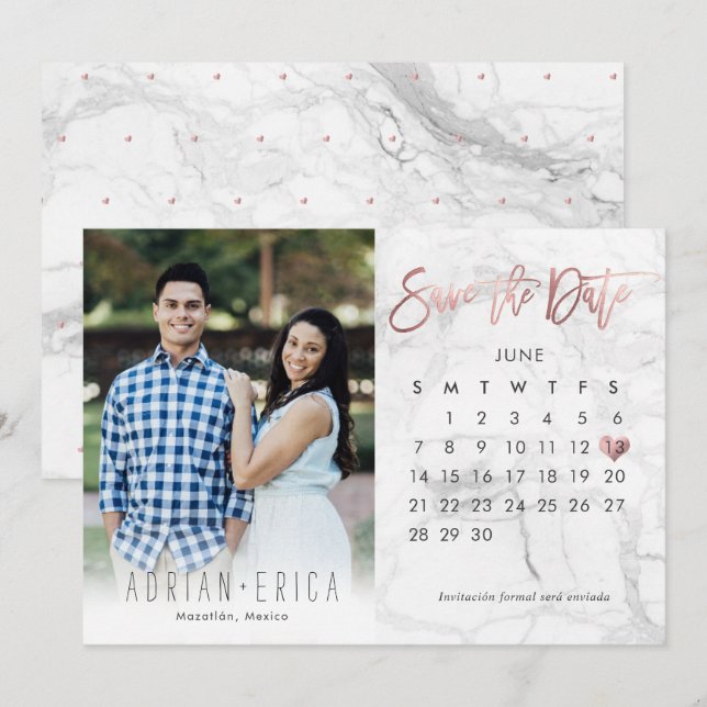 Foto Save the Date Kalender Marble Rose Gold Einladung (Vorne/Hinten)