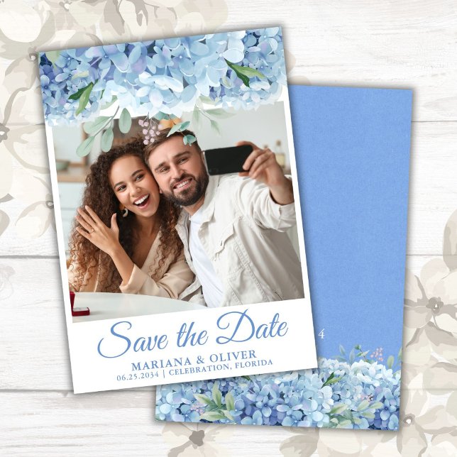 Foto Save the Date Karte Blue Hydrangeas Floral (Von Creator hochgeladen)