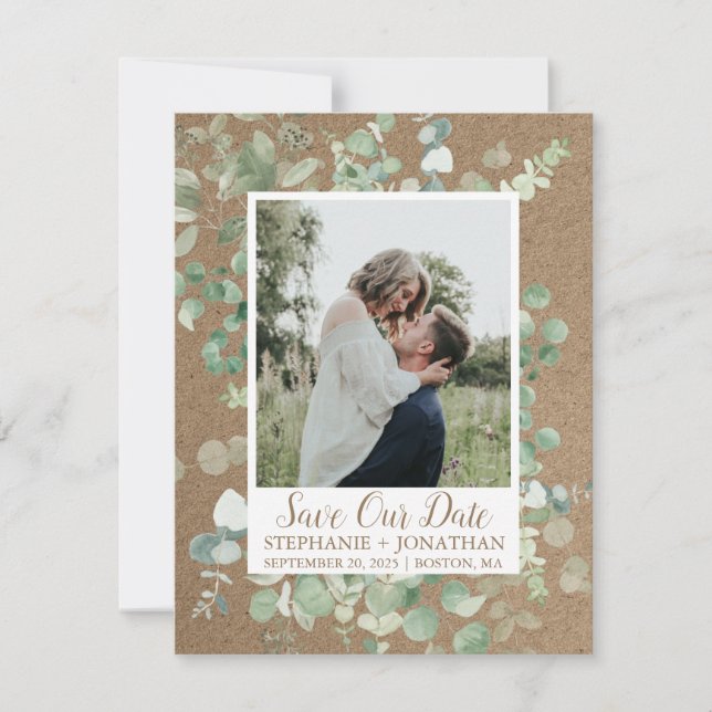 Foto Save the Date mit grünem Eukalyptus-Rahmen (Vorderseite)