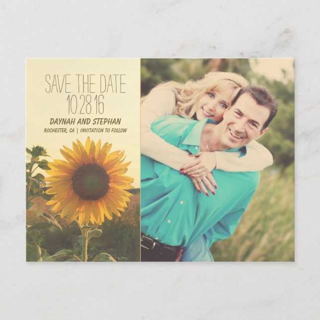 Foto Save the Date mit Sonnenblumen Ankündigungspostkarte (Vorderseite)