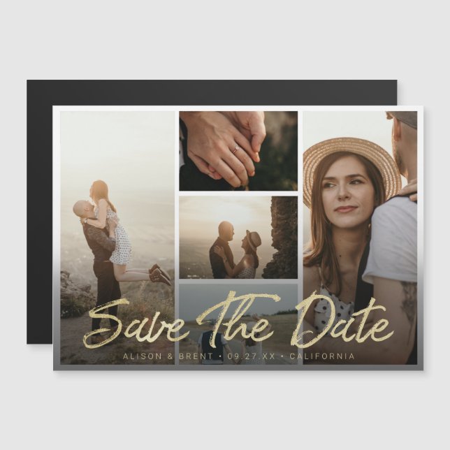 Foto Save the Date Moderne Gold Script Typografie Magneteinladung (Vorne/Hinten)