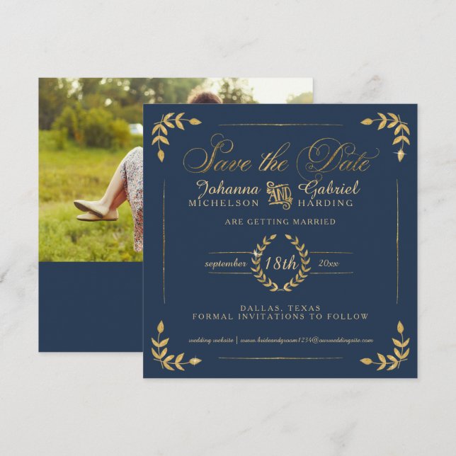 Foto Save the Date, Navy Gold Laurel Leaf Date (Vorne/Hinten)