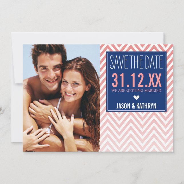 FOTO SAVE THE DATE ombre Zickzack Korallenblau Einladung (Vorderseite)