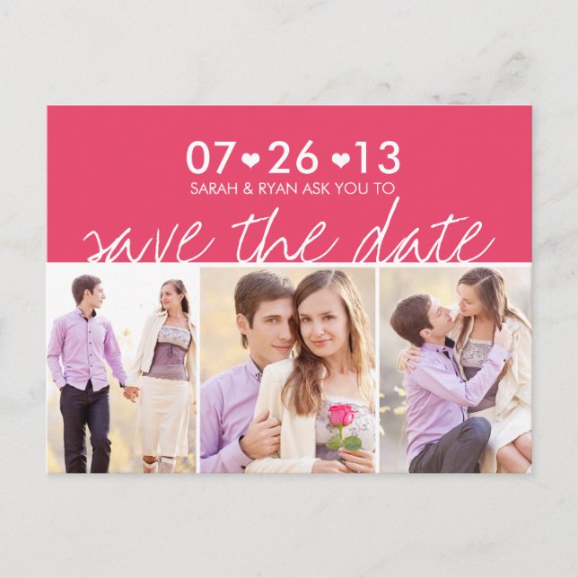 Foto Save the Date rosa Stripe Hearts Postkarte (Vorderseite)