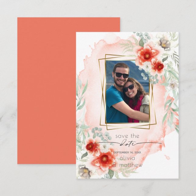 Foto Save the Date Wasserfarbe Kühe Korallen Blume Einladung (Vorne/Hinten)