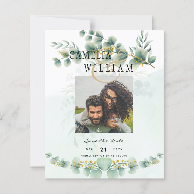 Foto Save the Dates Eucaluptus Gold Moderne (Vorderseite)