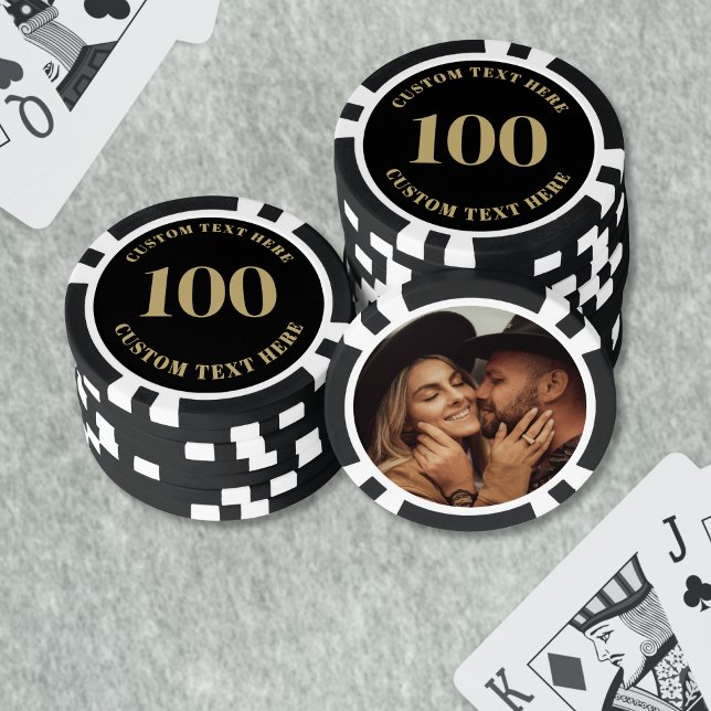 Foto Schwarz Gold 100 nummeriert Pokerchips (Photo Black Gold 100 Numbered Poker Chips)