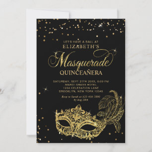 Foto Schwarz Gold Glitter Maskenball Quinceañera Einladung