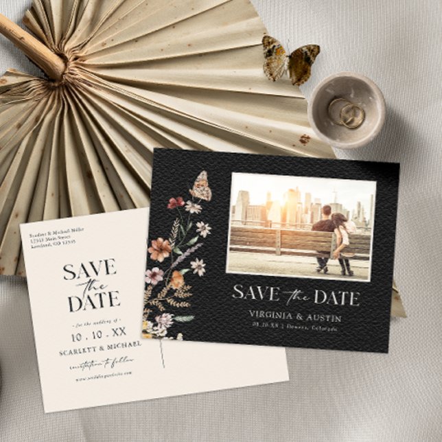 Foto Schwarz Save the Date Postkarte (Photo Black Boho Floral Save The Date Postcard with Butterfly by Painted Paperie
)
