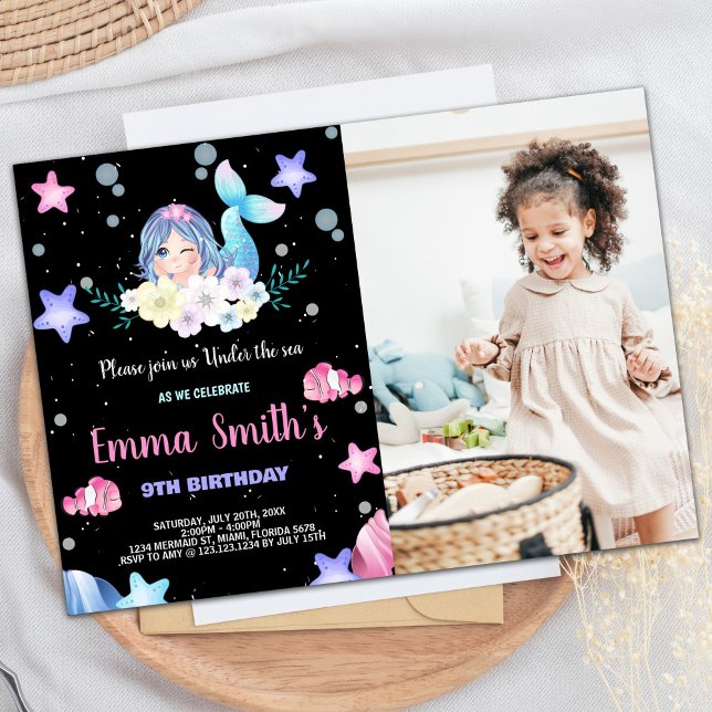 Foto Schwarze Flora Unter Meer Meerjungfrau Geburt Einladung (Photo Black Floral Under the sea Mermaid Birthday Invitation)