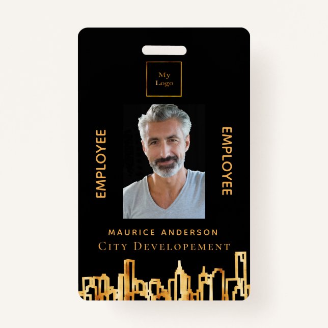 Foto Schwarzes Gold Logo City Skyline Mitarbeiter Ausweis (Vorderseite)