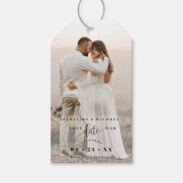 Foto, Schwarzes Skript-Overlay, Hochzeit Speichern Geschenkanhänger