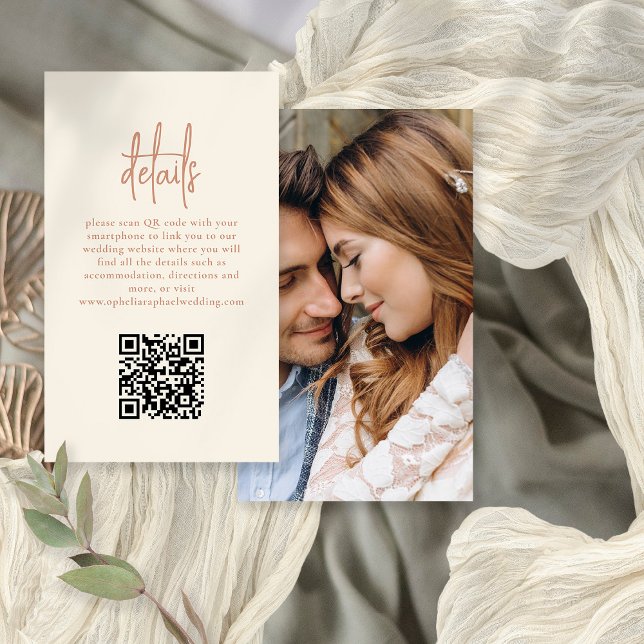 Foto Script QR Terracotta Cream Wedding Details Begleitkarte (Front and back view)