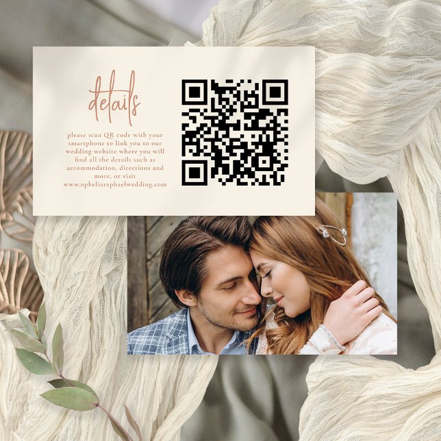 Foto Script Terracotta Cream QR Hochzeit Details Begleitkarte (Front and back view.)
