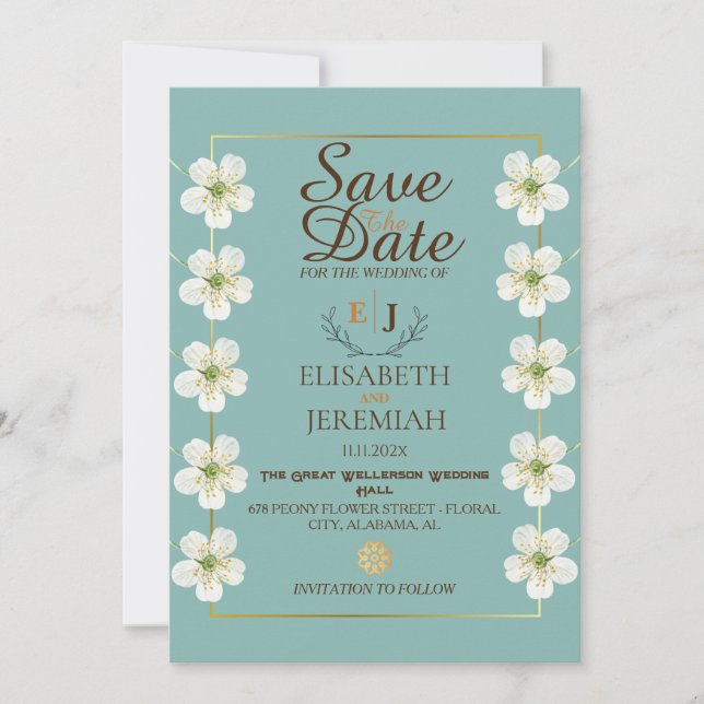 Foto Script White Floral Wedding Save the Date Einladung (Vorderseite)