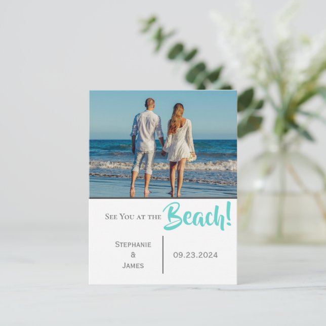 Foto See You at Beach Script Save the Date Ankündigungspostkarte (Stehend Vorderseite)