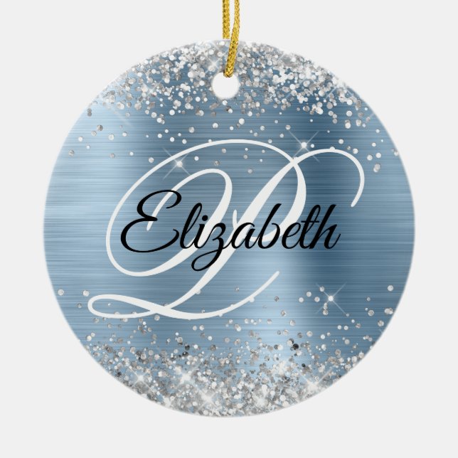 Foto Silber Glitter Hellblau Folie Monogramm Keramik Ornament (Vorne)