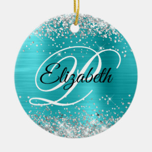 Foto Silber Glitter Türkis Blau Folie Monogramm Keramik Ornament