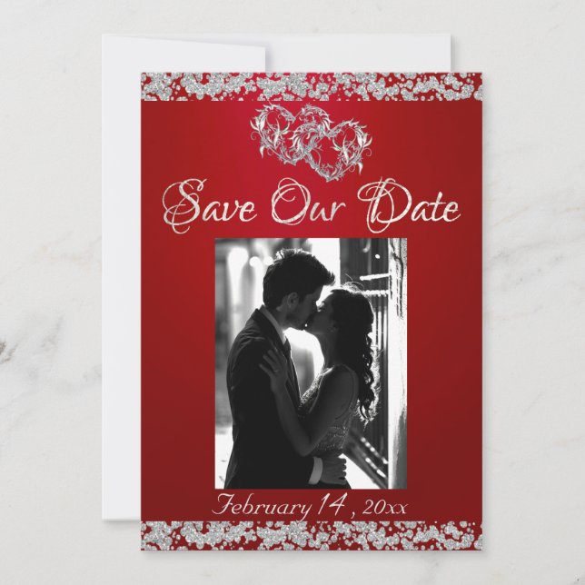 Foto, Silberherz und Glitzer - Crimson Red Save The Date (Vorderseite)