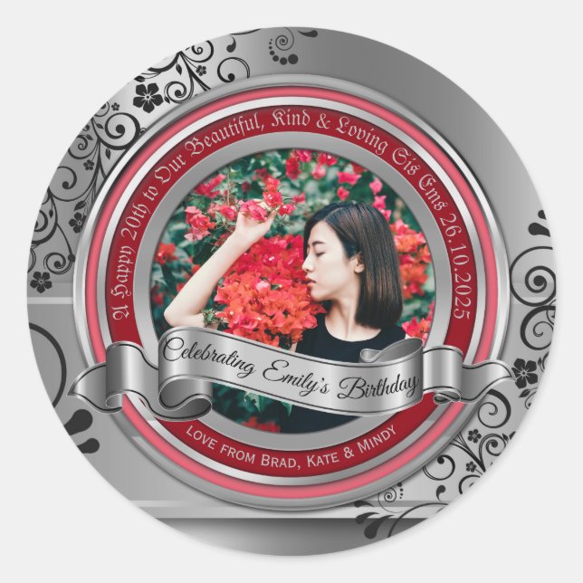 Foto Silver Black Blühe Elegantes Banner Rot Runder Aufkleber (Vorderseite)