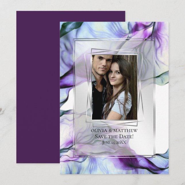 Foto Silver Frame Abstrakte Folie Aquamarine Blend Einladung (Vorne/Hinten)