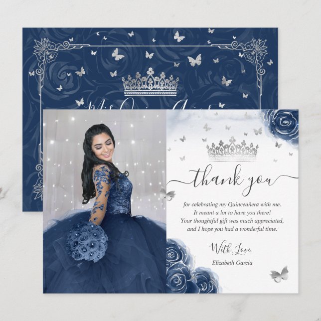 Foto Silver Navy Blue Quinceanera Flat Vielen Dank Karte (Vorne/Hinten)