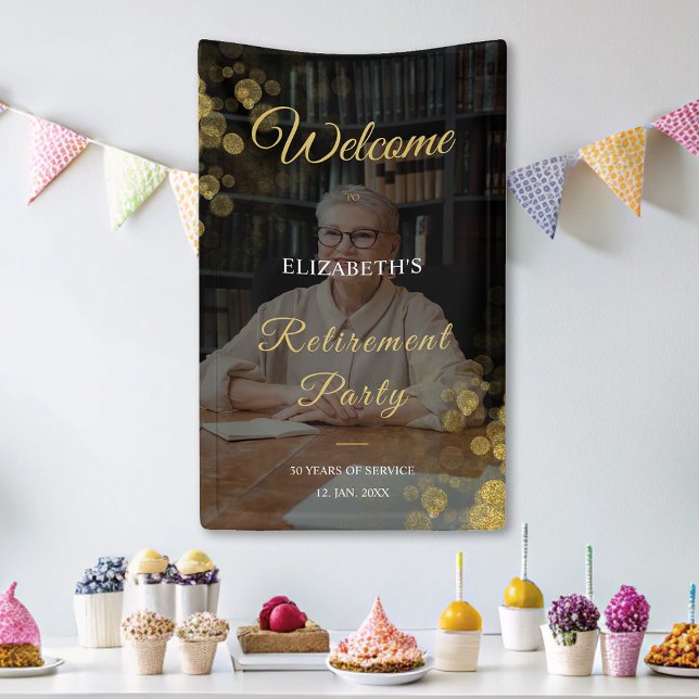 Foto-Skript Rentnerparty Gold Banner (Photo Script Retirement Party Gold Confetti Banner)