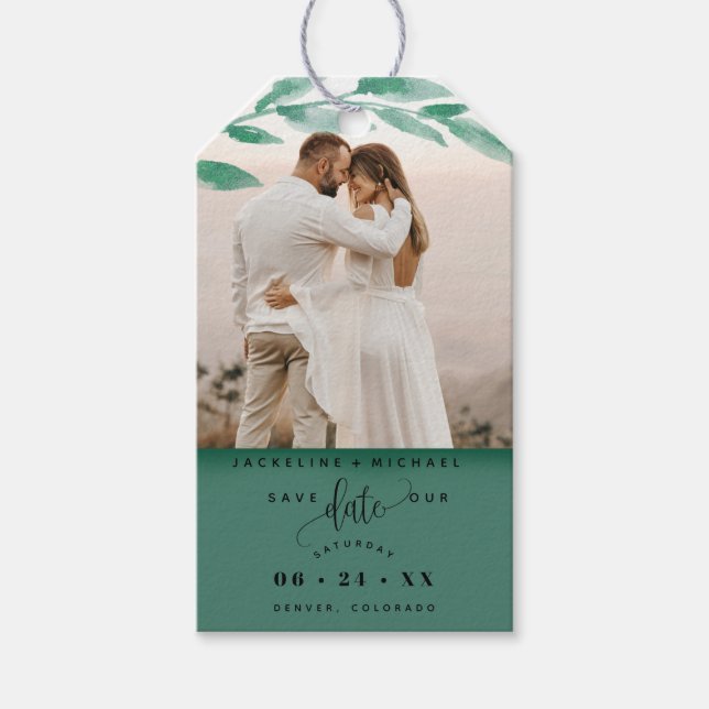 Foto, Smaragdgrüne Blätter Hochzeiten speichern da Geschenkanhänger (Vorderseite)