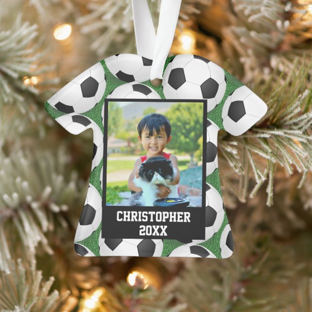 Foto Soccer Ball Shirt Name/Teamkids Ornament (Baum)