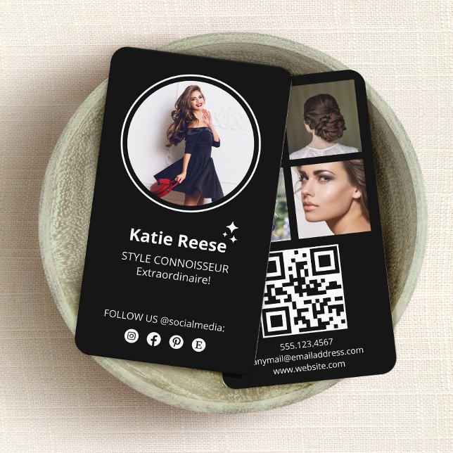 Foto Social Media Black Visitenkarte (Instagram social media networking 4 photo  business card with QR Code)