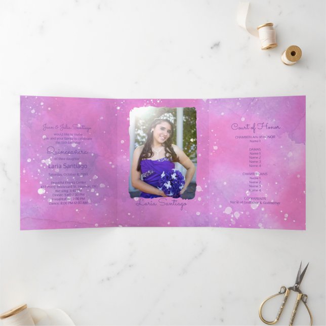 Foto Spanisch Rosa Aquarellfarbe Quinceanera Dreifach Gefaltete Einladung (Innenseite)