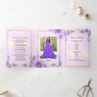 Foto Spanisch Rosa Lavendel Rose Quinceanera Dreifach Gefaltete Einladung