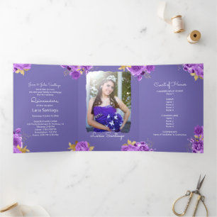 Foto Spanisch Rosa und Lila Rose Quinceanera Dreifach Gefaltete Einladung