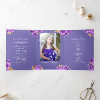 Foto Spanisch Rosa und Lila Rose Quinceanera Dreifach Gefaltete Einladung