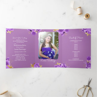 Foto Spanisch Rosa und Lila Rose Quinceanera Dreifach Gefaltete Einladung