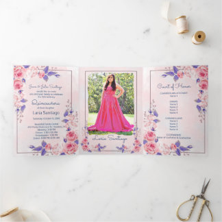 Foto Spanisch Rosa und Lila Rose Quinceanera Dreifach Gefaltete Einladung