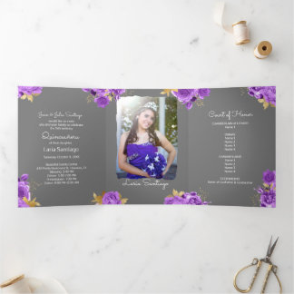 Foto Spanisch Rosa und Lila Rose Quinceanera Dreifach Gefaltete Einladung