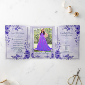 Foto Spanische Lila Lavendel Rose Quinceanera Dreifach Gefaltete Einladung