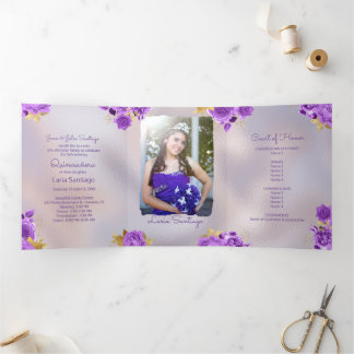 Foto Spanische Perle und Lila Rose Quinceanera Dreifach Gefaltete Einladung