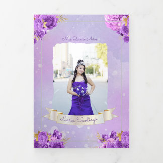 Foto Spanische Perle und Lila Rose Quinceanera Dreifach Gefaltete Einladung