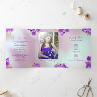 Foto Spanische Perle und Lila Rose Quinceanera Dreifach Gefaltete Einladung