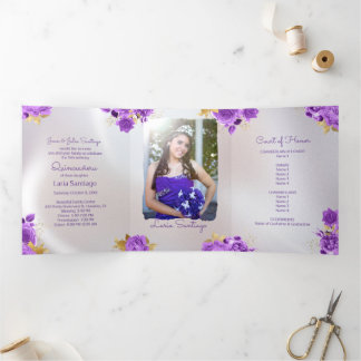 Foto Spanische Perle und Lila Rose Quinceanera Dreifach Gefaltete Einladung