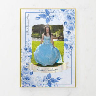 Foto Spanish Light Blue Gold Rose Quinceanera Dreifach Gefaltete Einladung