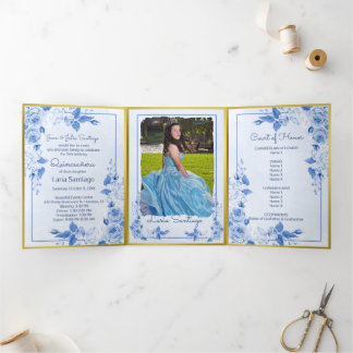 Foto Spanish Light Blue Gold Rose Quinceanera Dreifach Gefaltete Einladung